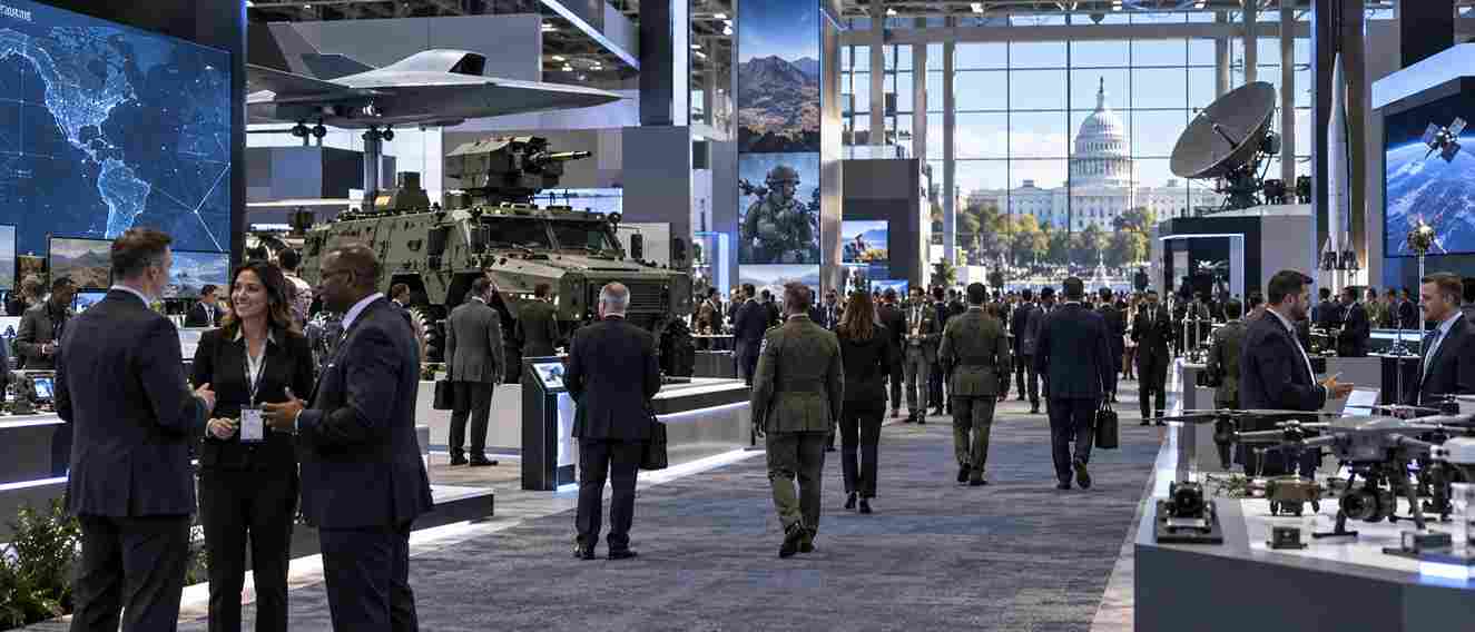 AUSA Annual Meeting 2026 attendees and exhibitors at a defense technology exposition in Washington DC